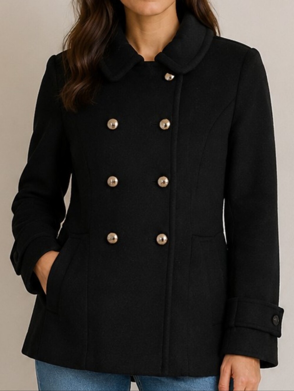 INC International Concepts Black Double-Breasted Peacoat ✨ Size XS